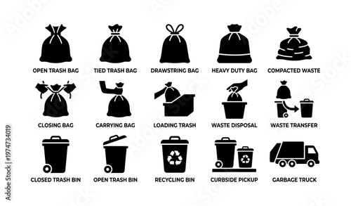 Trash and recycling icon set with bags, bins, and waste management symbols