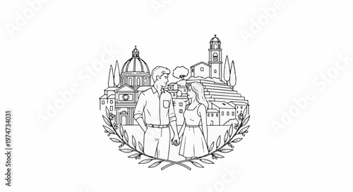 A couple holds hands in front of a scenic town with domed buildings and cypress trees
