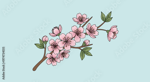 A delicate branch of pink blossoms and green leaves on a pale blue background