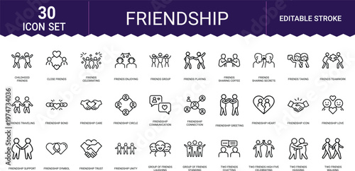 Friendship icon set including childhood friends bond trust and social unity thin line art