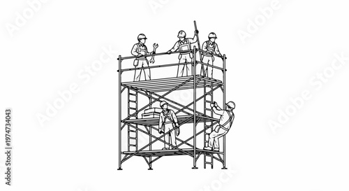 Workers in hard hats perform construction tasks on a multi-level metal scaffold
