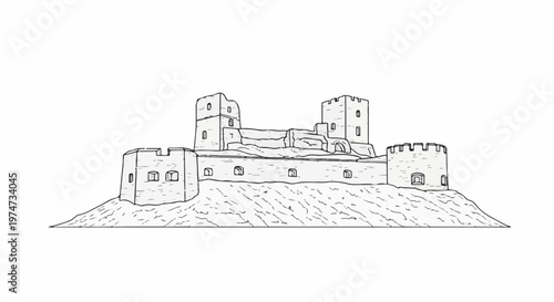 A detailed line drawing of a stone castle on a rocky mound
