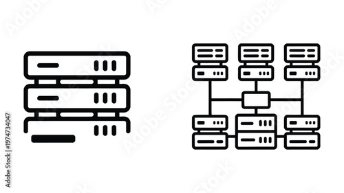 Server rack icon with network diagram vector graphic, illustrating data center infrastructure