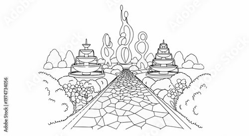 Whimsical garden path leading to abstract sculptures and tiered fountains