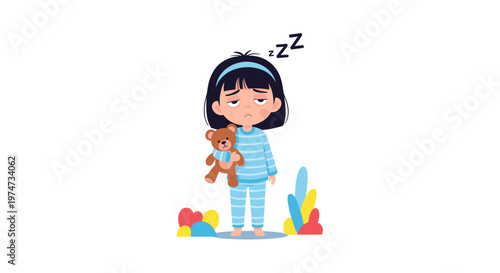 Tired little girl in blue striped pajamas looking sleepy and holding a brown teddy bear while standing on a white background.