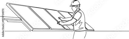 Continuous one line of a solar panel technician installing modules, symbolizing renewable energy, style hand drawing vector illustration.