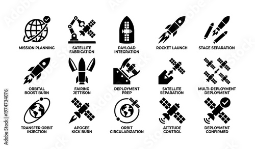 Space mission phases and satellite deployment icons set