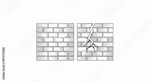 Two sections of a brick wall, one intact, the other fractured by a large crack