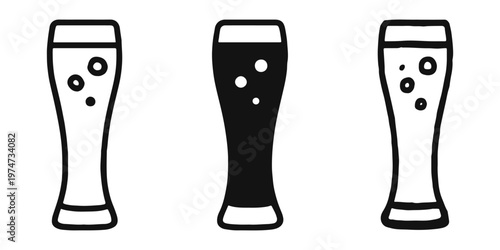 Beer glass icon set with foam and bubbles in outline, solid, and doodle styles for pubs and bars