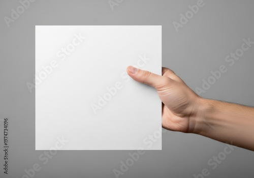 A close up view of a hand holding a square blank white paper against a plain gray background.