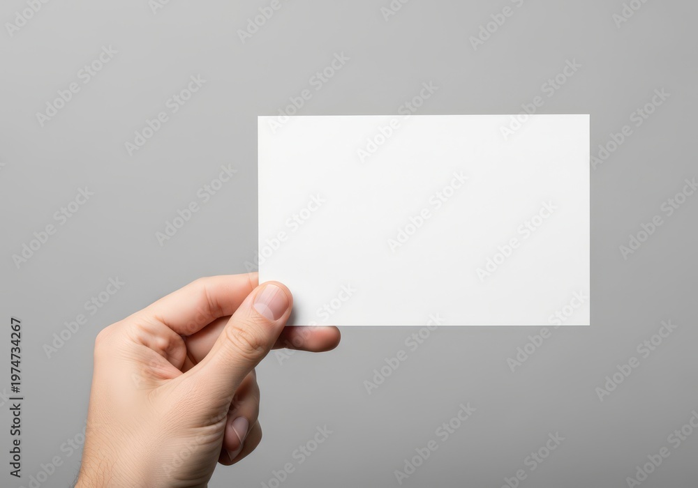Obraz premium A close up view of a human hand holding a blank white rectangle card against a light grey background