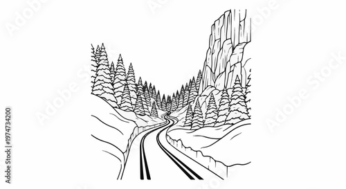 Winding road through snowy pine forest next to sheer cliff
