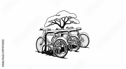 Three bicycles parked under a stylized tree