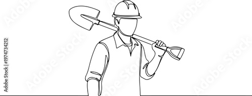 Continuous one line of a construction worker with helmet carrying shovel, symbolizing hard work and development, style hand drawing vector illustration.