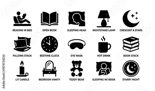 Bedtime essentials: reading, sleep, nighttime comforts icons collection