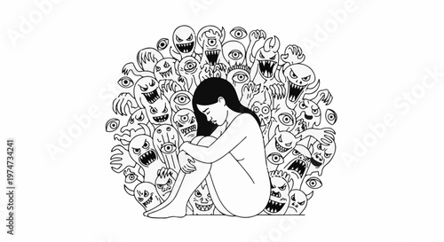 Woman huddled amid a swarm of menacing, cartoonish creatures