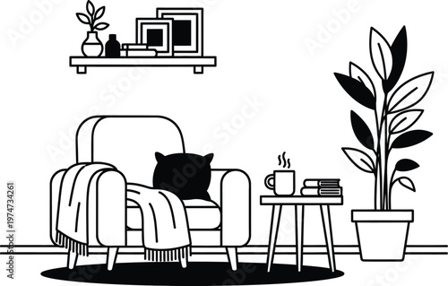 cozy living room interior with armchair and plant