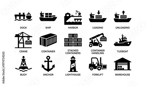 Maritime transport and logistics icons including ship, container, crane, and tugboat