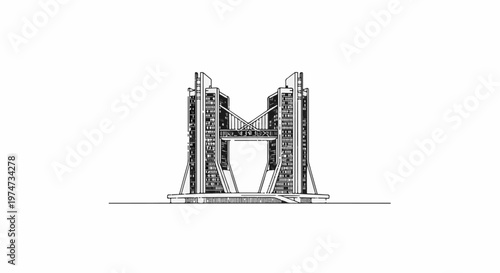 Stylized, symmetrical, multi-story architectural design with open central span