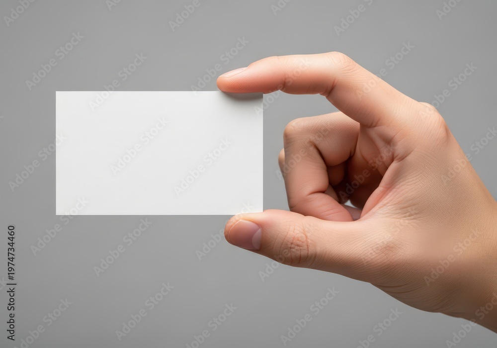 Fototapeta premium A hand holding a blank white business card against a neutral gray background for design mockup