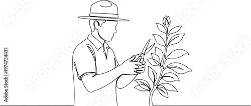 Continuous one line of a park ranger pruning plants, symbolizing beauty and care, style hand drawing vector illustration.