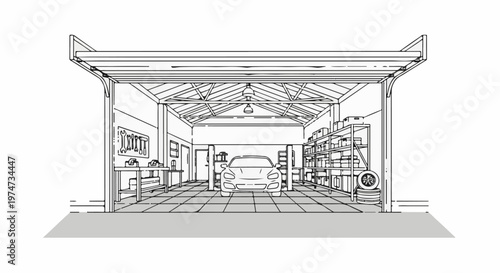 A detailed line drawing of a well-stocked garage interior with a sports car