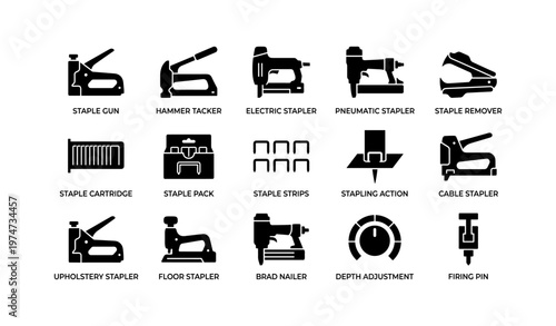 Set of stapler tools and accessories icons in black silhouette design