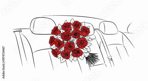 A bouquet of red roses sits on the back seat of a car
