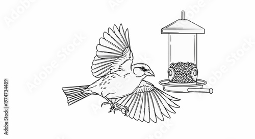 A bird flies toward a feeder filled with seeds