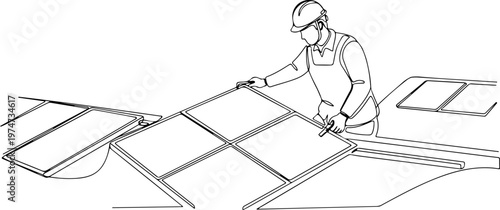 Continuous one line of a solar panel technician installing modules, symbolizing renewable energy, style hand drawing vector illustration.