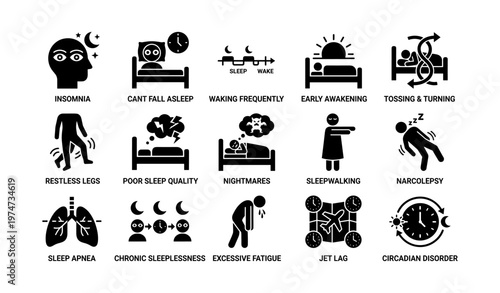 Sleep disorders illustrated: insomnia, restless legs, narcolepsy, sleepwalking, jet lag