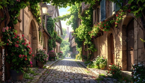 A serene cobblestone street lined with old buildings and flowers
