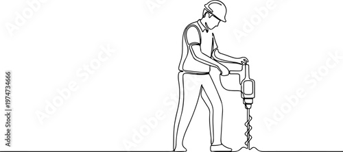 Continuous one line of a worker drilling the ground, exploration and industry symbol, style hand drawing vector illustration.