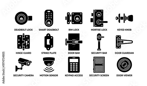 Variety of door locks and security devices icons set