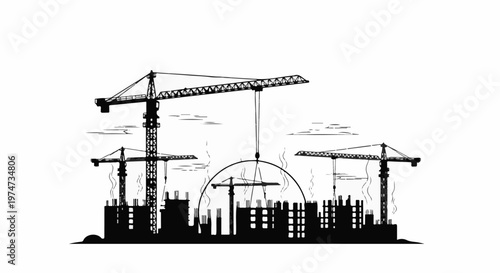 Towering cranes loom over a city skyline under construction