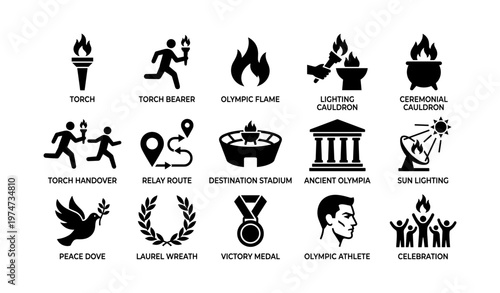 Olympic symbols: torch, flame, cauldron, athlete, ceremony icons