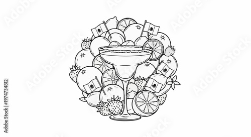 A margarita cocktail surrounded by a ring of fruits, small flags, and decorative elements
