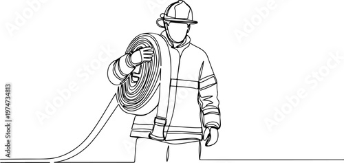 Continuous one line of a firefighter carrying a water hose, symbolizing courage and protection, style hand drawing vector illustration.