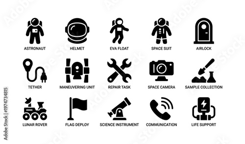 Space exploration icons: astronauts, equipment, and tools for missions