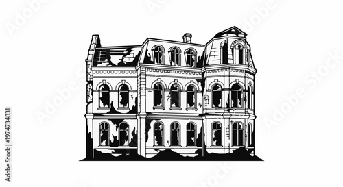 A detailed monochrome illustration of a grand, ornate, but dilapidated historical building