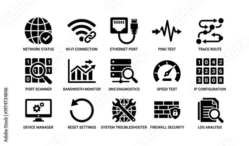 Network diagnostics icons: connectivity, security, and monitoring tools