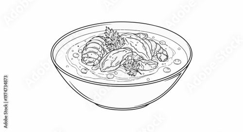 A black and white sketch of a bowl of seafood soup with mussels and herbs