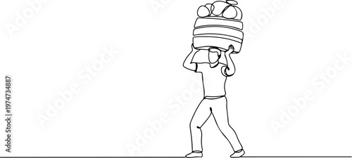 Continuous one line of a porter carrying a load, symbolizing physical strength, style hand drawing vector illustration.