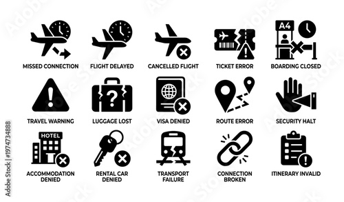 Travel issues icons: delays, cancellations, errors, and warnings