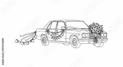 A black and white sketch of a vintage car adorned with a "just married" banner and cans