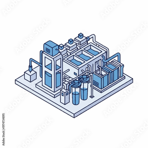 Isometric Industrial Water Treatment Plant Equipment Illustration.
