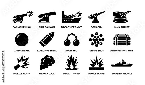 Naval artillery icons set: cannon, shells, warship elements