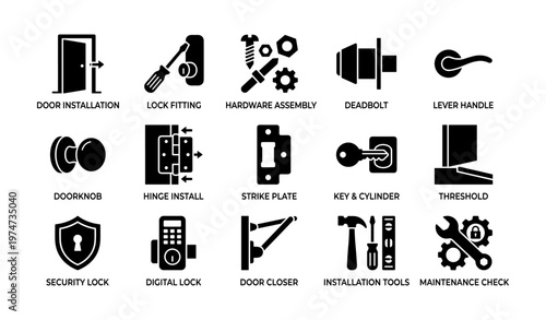 Door installation and lock security tools and components icons