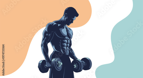 Muscular bodybuilder silhouette performing bicep curls with heavy dumbbells against a simple colorful background.