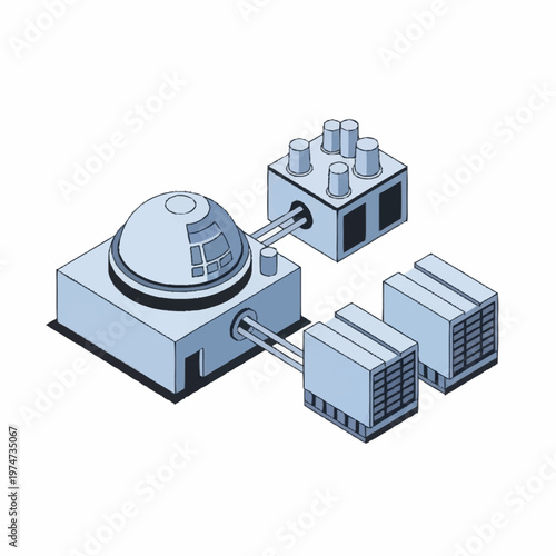 Modern Industrial Facility with Dome and Cooling Towers.